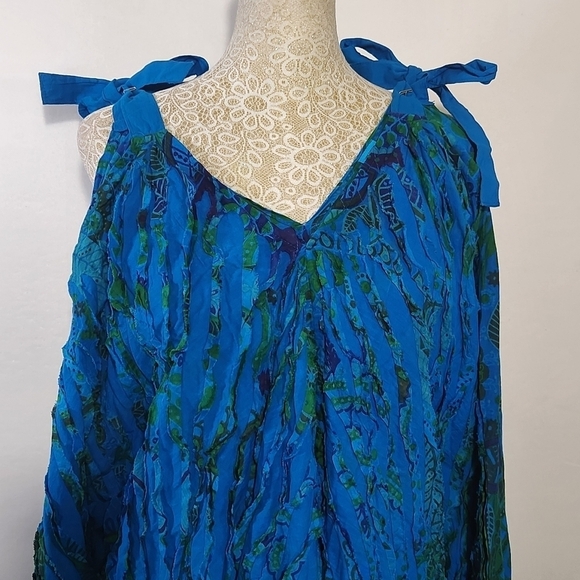 Women's Blue Textured Asymmetrical Wide Leg Shoulder Tie Pockets Jumpsuit Romper - Picture 3 of 14